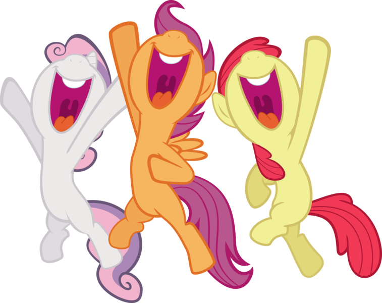 Size: 4252x3369 | Tagged: safe, artist:sir-teutonic-knight, derpibooru import, edit, editor:slayerbvc, vector edit, apple bloom, scootaloo, sweetie belle, pony, accessory-less edit, cutie mark crusaders, jumping, missing accessory, nose in the air, open mouth, simple background, smiling, transparent background, vector
