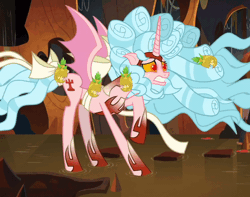Size: 600x473 | Tagged: safe, derpibooru import, edit, edited screencap, screencap, cozy glow, alicorn, pony, the ending of the end, alicornified, animated, armor, bat wings, biting, butt bite, chaos magic, cozybuse, cozycorn, cropped, evil lair, female, food, giant demon alicorn cozy glow, giant pony, gif, grogar's lair, lair, living pineapple, loop, macro, mare, nervous, perfect loop, pineapple, race swap, reversed, solo, spread wings, water, wings