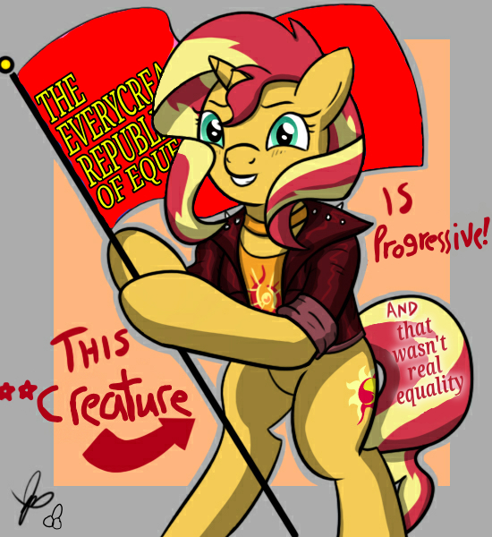 Size: 550x600 | Tagged: safe, artist:gamedevanon, artist:thedrizzle404, derpibooru import, edit, edited edit, sunset shimmer, pony, unicorn, arrow, bipedal, choker, clothes, communism, edit of an edit of an edit, everycreature, female, flag, flag pole, grin, hoof hold, jacket, jewelry, leather jacket, looking at you, mare, satire, signature, smiling, solo, soviet shimmer, squee, standing upright, text, this cat is gay and there's nothing you can do about it