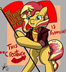 Size: 550x600 | Tagged: safe, artist:gamedevanon, artist:thedrizzle404, derpibooru import, edit, edited edit, sunset shimmer, pony, unicorn, arrow, bipedal, choker, clothes, communism, edit of an edit of an edit, everycreature, female, flag, flag pole, grin, hoof hold, jacket, jewelry, leather jacket, looking at you, mare, satire, signature, smiling, solo, soviet shimmer, squee, standing upright, text, this cat is gay and there's nothing you can do about it