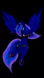 Size: 1080x1920 | Tagged: alicorn, anthro, arm hooves, armpits, artist:johanssenjr, artist:tt-n, bikini, black background, bra, breasts, clothes, derpibooru import, edit, female, flying, hoof shoes, looking at you, mare, panties, princess luna, simple background, solo, solo female, spread wings, suggestive, swimsuit, trace, underwear, unguligrade anthro, wings