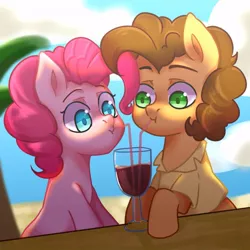 Size: 680x680 | Tagged: safe, artist:nocturne1113, derpibooru import, cheese sandwich, pinkie pie, earth pony, pony, beach, cheesepie, female, male, sharing a drink, shipping, straight, straw