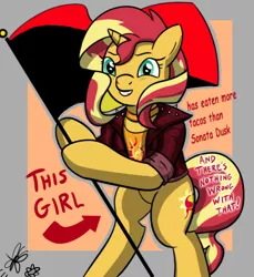 Size: 550x600 | Tagged: safe, artist:thedrizzle404, derpibooru import, edit, edited edit, editor:gamedevanon, sunset shimmer, pony, unicorn, anarcho-syndicalism, arrow, bipedal, choker, clothes, edit of an edit of an edit, female, flag, flag pole, grin, hoof hold, jacket, jewelry, leather jacket, looking at you, mare, meme, signature, smiling, solo, squee, standing upright, text, this cat is gay and there's nothing you can do about it