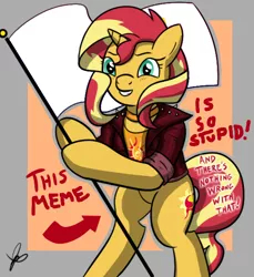 Size: 550x600 | Tagged: safe, artist:thedrizzle404, derpibooru import, edit, edited edit, editor:gamedevanon, sunset shimmer, pony, unicorn, arrow, bipedal, choker, clothes, edit of an edit of an edit, female, flag, flag pole, grin, hoof hold, jacket, jewelry, leather jacket, looking at you, mare, meme, signature, smiling, solo, standing upright, text, this cat is gay and there's nothing you can do about it, white flag