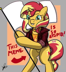 Size: 550x600 | Tagged: safe, artist:thedrizzle404, derpibooru import, edit, edited edit, editor:gamedevanon, sunset shimmer, pony, unicorn, arrow, bipedal, choker, clothes, edit of an edit of an edit, female, flag, flag pole, grin, hoof hold, jacket, jewelry, leather jacket, looking at you, mare, meme, signature, smiling, solo, squee, standing upright, template, text, this cat is gay and there's nothing you can do about it