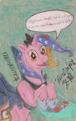 Size: 1572x2501 | Tagged: safe, artist:edhelistar, derpibooru import, luster dawn, princess luna, pony, unicorn, the last problem, bag, bipedal, candy, cardboard wings, clothes, costume, cute, dialogue, dialogue balloon, fake cutie mark, fake wings, female, food, hoof hold, hoof shoes, kanji, lollipop, looking at you, lusterbetes, mare, nightmare night, nightmare night costume, open mouth, post-it, signature, simple background, solo, tengwar, text, traditional art
