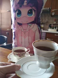 Size: 3024x4032 | Tagged: safe, artist:apony, derpibooru import, starlight glimmer, pony, unicorn, body pillow, cup, food, irl, offscreen character, photo, pov, tea, teacup, waifu, waifu dinner