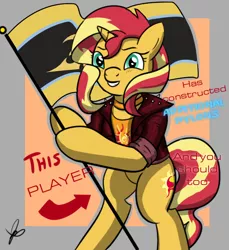 Size: 550x600 | Tagged: safe, artist:thedrizzle404, derpibooru import, edit, edited edit, sunset shimmer, pony, clothes, female, flag, gamer sunset, jacket, leather jacket, mare, meme, standing upright, starcraft, this cat is gay and there's nothing you can do about it