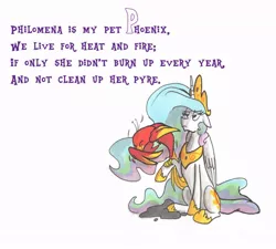 Size: 942x848 | Tagged: safe, artist:frankilew, derpibooru import, philomena, princess celestia, alicorn, bird, phoenix, pony, celestia abc, ash, celestia is not amused, crown, duo, ethereal mane, eyes closed, female, floppy ears, hoof shoes, jewelry, mare, peytral, regalia, rhyme, simple background, sitting, unamused, white background