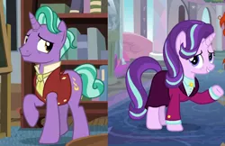 Size: 704x455 | Tagged: safe, derpibooru import, edit, screencap, firelight, starlight glimmer, pony, unicorn, the last problem, the parent map, clothes, headmare starlight, like father like daughter, older, older starlight glimmer, suit