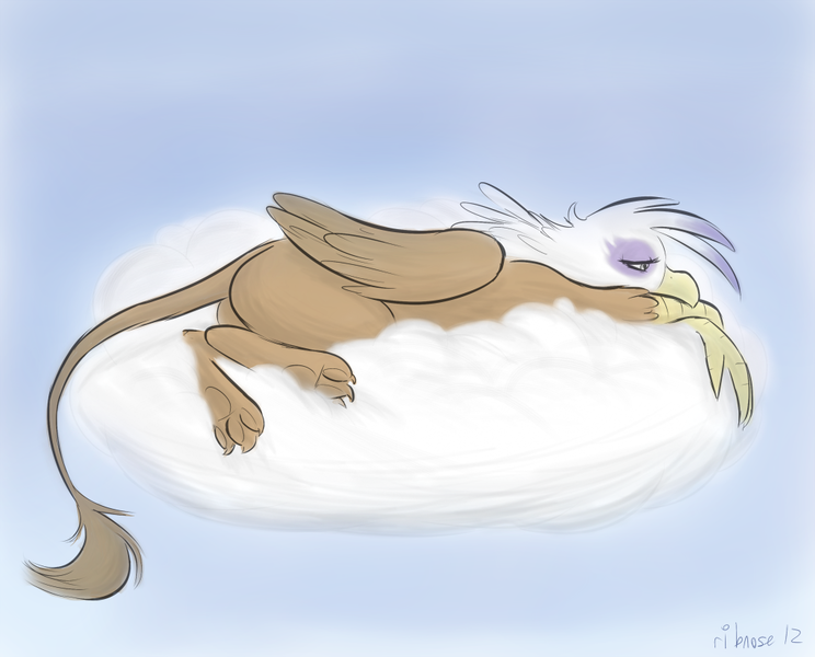 Size: 1024x826 | Tagged: safe, artist:ribnose, derpibooru import, gilda, gryphon, cloud, female, image, lidded eyes, lonely, lying down, lying on a cloud, on a cloud, paw pads, png, sad, solo