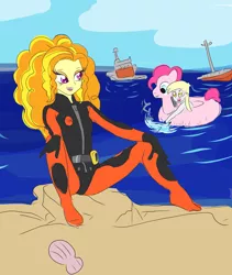 Size: 2298x2728 | Tagged: safe, artist:drunken bubblez, deleted from derpibooru, derpibooru import, adagio dazzle, derpy hooves, pinkie pie, equestria girls, boat, deflating, female, floaty, inflatable, inflatable toy, ocean, pool toy, pop, ship, shipwreck, wetsuit