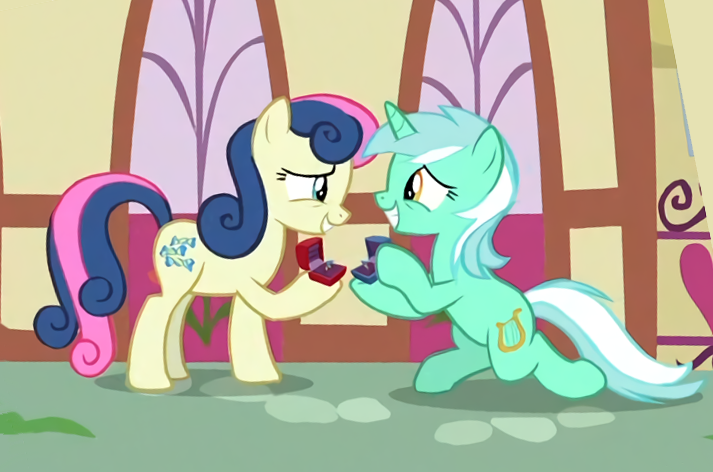 Size: 713x472 | Tagged: safe, derpibooru import, edit, screencap, bon bon, lyra heartstrings, sweetie drops, pony, the big mac question, amused, bon bon is amused, couple, cropped, female, it happened, jewelry, lesbian, lyrabon, marriage proposal, ponyville, ring, rotated, shipping, smiling, upscaled