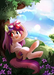 Size: 1280x1773 | Tagged: safe, artist:renokim, derpibooru import, oc, oc:purple eye, unofficial characters only, pony, unicorn, deviantart watermark, flower, heterochromia, lens flare, obtrusive watermark, scenery, solo, tree, watermark