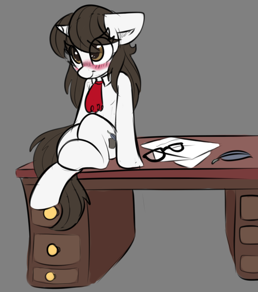 Size: 713x805 | Tagged: safe, artist:lockheart, derpibooru import, raven, pony, unicorn, ascot, blushing, cute, desk, embarrassed, eye clipping through hair, feather, female, floppy ears, glasses, human shoulders, loose hair, mare, paperwork, ravenbetes, secretary, shy, solo