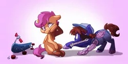 Size: 1267x631 | Tagged: safe, artist:assassin-or-shadow, derpibooru import, scootaloo, oc, oc:gear grind, pegasus, pony, amputee, artificial wings, augmented, broken, clothes, eyepatch, foal, hat, mouth hold, overalls, prosthetic leg, prosthetic limb, prosthetic wing, prosthetics, scooter, teary eyes, wings, wiping tears, wrench