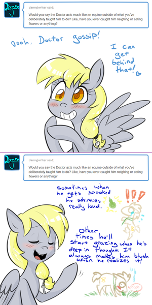 Size: 750x1502 | Tagged: safe, artist:craftykraken, artist:jitterbugjive, derpibooru import, derpy hooves, doctor whooves, time turner, earth pony, pegasus, pony, lovestruck derpy, eating, female, food, horses doing horse things, male, mare, pear, stallion, that pony sure does hate pears