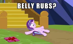 Size: 524x318 | Tagged: safe, derpibooru import, edit, edited screencap, screencap, starlight glimmer, pony, unicorn, the last problem, belly, bellyrubs, caption, cropped, image macro, lying down, on back, solo, surprised, text