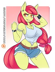 Size: 1280x1686 | Tagged: safe, artist:ambris, derpibooru import, apple bloom, anthro, earth pony, abs, adult, apple bloom's bow, apple brawn, applebucking thighs, armband, armlet, armpits, belt, biceps, big breasts, blushing, bow, bracelet, breasts, busty apple bloom, cleavage, clothes, colored pupils, confident, daisy dukes, denim shorts, ear piercing, earring, eyeshadow, female, front knot midriff, gradient background, grin, hair bow, jewelry, looking at you, makeup, midriff, muscles, muscular female, necklace, older, older apple bloom, patreon, patreon logo, piercing, raised eyebrow, sexy, shirt, shorts, simple background, smiling, smirk, smug, solo, sultry pose, tail, tanktop, teenager, torn clothes, watch, white background, wristband, wristwatch