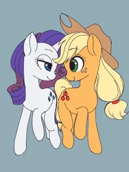 Size: 2448x3264 | Tagged: safe, artist:haibaratomoe, derpibooru import, applejack, rarity, earth pony, pony, unicorn, bedroom eyes, cutie mark, eye contact, female, lesbian, lidded eyes, looking at each other, one hoof raised, rarijack, shipping, smiling