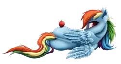 Size: 1900x1000 | Tagged: safe, artist:rainbow, derpibooru import, rainbow dash, pegasus, pony, apple, ear fluff, female, food, looking at you, looking back, looking back at you, lying down, mare, rear view, side, simple background, transparent background