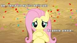 Size: 1280x720 | Tagged: safe, derpibooru import, edit, edited screencap, screencap, fluttershy, pegasus, pony, the last roundup, bellyrubs, caption, female, hooves to the chest, image macro, lying down, on back, solo, text, worried