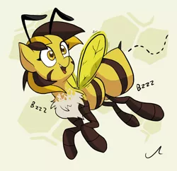 Size: 1024x990 | Tagged: abstract background, artist:docwario, bee, bee pony, bugs doing bug things, chest fluff, derpibooru import, female, flying, insect, oc, original species, safe, smiling, solo, unofficial characters only