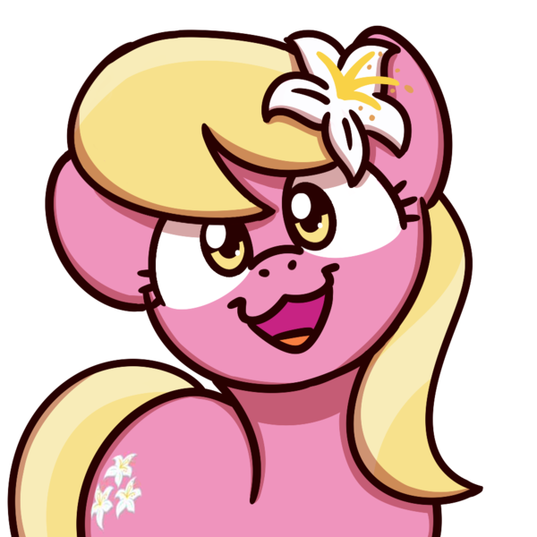 Size: 1000x1000 | Tagged: safe, artist:sugar morning, derpibooru import, lily, lily valley, earth pony, pony, bust, cat face, cat smile, cute, female, flower, lilybetes, looking at you, mare, open mouth, simple background, smiling, smiling at you, solo, sugar morning's smiling ponies, transparent background