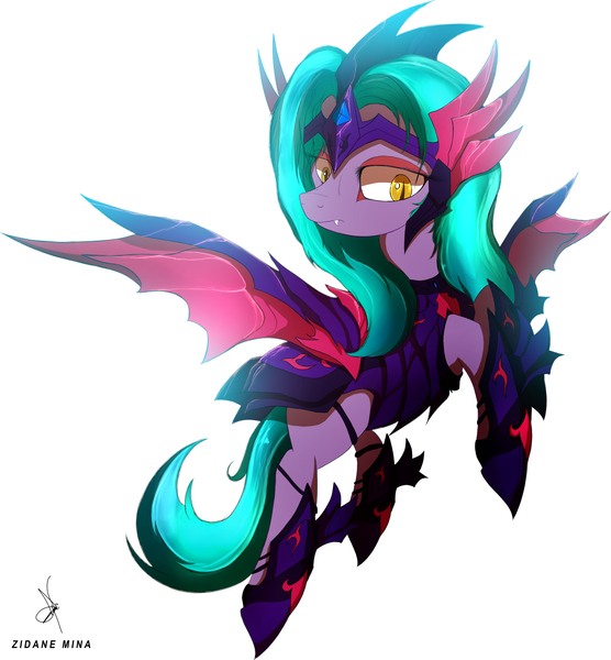 Size: 2197x2372 | Tagged: safe, artist:zidanemina, derpibooru import, oc, oc:purple shade, bat pony, pony, anime, armor, bat pony oc, bat wings, crossover, female, flying, mare, saint seiya, simple background, solo, white background, wings