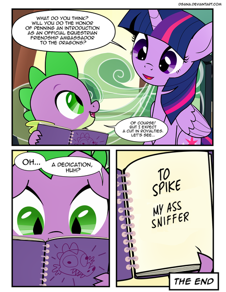 Size: 1275x1650 | Tagged: safe, artist:dsana, derpibooru import, edit, spike, twilight sparkle, twilight sparkle (alicorn), alicorn, dragon, pony, comic:the shadow shard, bandage, book, comic, dialogue, duo, female, friendship express, male, mare, the end, train, vulgar