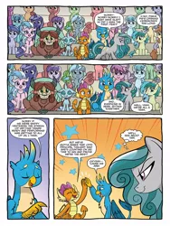 Size: 768x1024 | Tagged: safe, artist:tonyfleecs, derpibooru import, idw, gallus, ocellus, sandbar, silverstream, smolder, swift foot, yona, classical hippogriff, earth pony, hippogriff, pony, unicorn, spoiler:comic, spoiler:comicfeatsoffriendship02, best friends, claws, cloven hooves, evil grin, facade, female, folded wings, grin, high five, horns, in love, jewelry, mare, monkey swings, necklace, paws, pearl necklace, preview, shy, smiling, student six, talons, teenager, thracian, wings, young mare