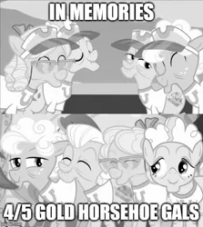 Size: 500x560 | Tagged: safe, derpibooru import, edit, edited screencap, screencap, apple rose, auntie applesauce, goldie delicious, granny smith, earth pony, pony, grannies gone wild, caption, eyes closed, female, glasses, gold horseshoe gals, grayscale, hat, image macro, mare, misspelling, monochrome, smiling, text