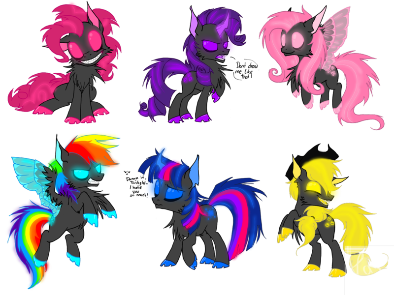 Size: 1032x774 | Tagged: applejack, artist:keavemind, changeling, changelingified, corrupted, derpibooru import, fluttershy, mane six, pinkie pie, rainbow dash, rarity, safe, species swap, toxic, twilight sparkle