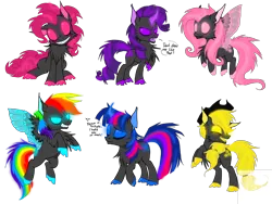 Size: 1032x774 | Tagged: applejack, artist:keavemind, changeling, changelingified, corrupted, derpibooru import, fluttershy, mane six, pinkie pie, rainbow dash, rarity, safe, species swap, toxic, twilight sparkle