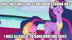 Size: 888x499 | Tagged: safe, derpibooru import, edit, edited screencap, screencap, luster dawn, princess twilight 2.0, twilight sparkle, twilight sparkle (alicorn), alicorn, pony, the last problem, allergies, bone hurting juice, exploitable meme, luster dawn is not amused, meme, mid-blink screencap, older, older twilight, twilight 2.0's reminiscences