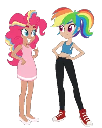 Size: 477x600 | Tagged: safe, artist:selenaede, artist:unicorngutz, derpibooru import, pinkie pie, rainbow dash, human, alternate hairstyle, armpits, base used, belly button, clothes, converse, dress, female, flats, humanized, lesbian, midriff, pants, pinkiedash, ponytail, shipping, shoes, simple background, sneakers, tanktop, transparent background