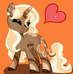 Size: 789x797 | Tagged: safe, anonymous artist, derpibooru import, oc, oc:spotty lionmane, unofficial characters only, pony, unicorn, bandaid, colored, eyes closed, female, flat colors, head tilt, heart, horn, leonine tail, open mouth, pattern, redesign, signature, simple background, smiling, solo, spots, tail, two toned mane, two toned tail