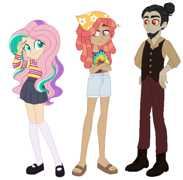 Size: 637x628 | Tagged: safe, artist:selenaede, artist:unicorngutz, derpibooru import, discord, fluttershy, tree hugger, human, alternate hairstyle, bandana, base used, beard, bisexual, boots, clothes, discord gets all the mares, discoshy, facial hair, feet, female, flats, flutterhugger, humanized, jeans, lesbian, male, mary janes, pants, pleated skirt, polyamory, sandals, shipping, shirt, shoes, shorts, simple background, skirt, socks, stockings, straight, sweater, t-shirt, thigh highs, transparent background, treecord, treecordshy, vest, zettai ryouiki