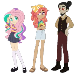 Size: 637x628 | Tagged: safe, artist:selenaede, artist:unicorngutz, derpibooru import, discord, fluttershy, tree hugger, human, alternate hairstyle, bandana, base used, beard, bisexual, boots, clothes, discord gets all the mares, discoshy, facial hair, feet, female, flats, flutterhugger, humanized, jeans, lesbian, male, mary janes, pants, pleated skirt, polyamory, sandals, shipping, shirt, shoes, shorts, simple background, skirt, socks, stockings, straight, sweater, t-shirt, thigh highs, transparent background, treecord, treecordshy, vest, zettai ryouiki