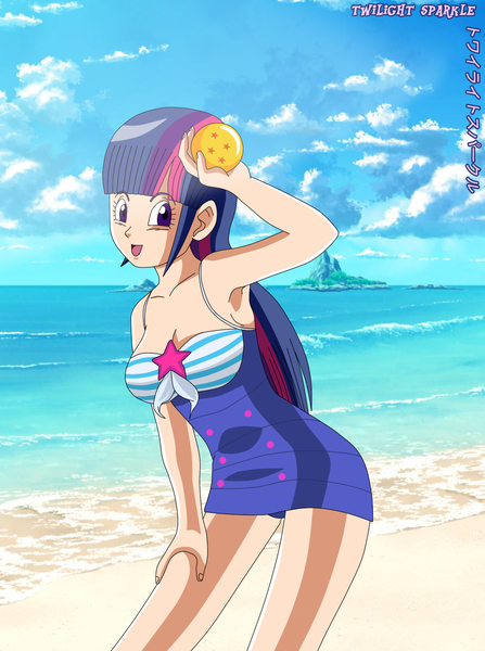 Size: 1117x1500 | Tagged: armpits, artist:gonzalossj3, beach, clothes, cloud, derpibooru import, dragon ball, dragon ball z, equestria girls outfit, human, humanized, ocean, safe, sand, solo, style emulation, swimsuit, twilight sparkle