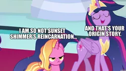 Size: 1280x720 | Tagged: safe, derpibooru import, edit, edited screencap, screencap, luster dawn, princess twilight 2.0, twilight sparkle, twilight sparkle (alicorn), alicorn, pony, unicorn, the last problem, caption, exploitable meme, image macro, luster dawn is not amused, meme, mid-blink screencap, origin story, reincarnation, text, twilight 2.0's reminiscences