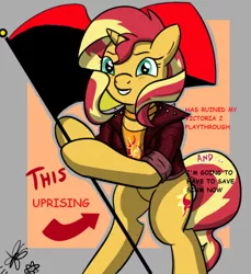 Size: 550x600 | Tagged: safe, artist:thedrizzle404, derpibooru import, edit, edited edit, sunset shimmer, pony, unicorn, anarcho-syndicalism, arrow, bipedal, choker, clothes, edit of an edit of an edit, female, flag, flag pole, grin, hoof hold, image, jacket, jewelry, jpeg, leather jacket, looking at you, mare, meme, rebels, signature, smiling, solo, squee, standing upright, text, this cat is gay and there's nothing you can do about it, victoria 2, video game