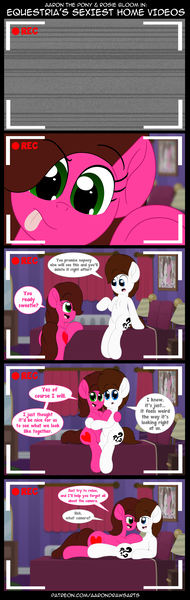 Size: 2120x6705 | Tagged: suggestive, artist:aarondrawsarts, derpibooru import, oc, oc:brain teaser, oc:rose bloom, earth pony, pony, bed, bedroom, blushing, brainbloom, camera, camera shot, chest fluff, comic, dialogue, female, hug, imminent sex, laying on bed, male, oc x oc, on bed, recording, shipping, straight
