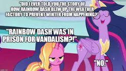 Size: 888x499 | Tagged: safe, derpibooru import, edit, edited screencap, screencap, luster dawn, princess twilight 2.0, twilight sparkle, twilight sparkle (alicorn), alicorn, pony, tanks for the memories, the last problem, exploitable meme, implied rainbow dash, luster dawn is not amused, meme, mid-blink screencap, older, older twilight, twilight 2.0's reminiscences