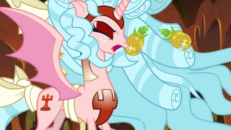 Size: 1920x1080 | Tagged: alicorn, alicornified, biting, cozybuse, cozycorn, cozy glow, derpibooru import, food, giant demon alicorn cozy glow, living pineapple, pineapple, race swap, safe, screencap, solo, the ending of the end
