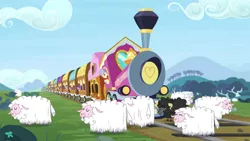 Size: 1366x768 | Tagged: safe, derpibooru import, screencap, amethyst star, pony, sheep, the last problem, conductor, friendship express, tracks, train, train tracks