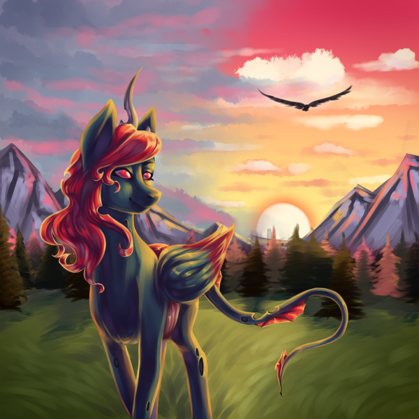 Size: 1350x1350 | Tagged: source needed, useless source url, safe, derpibooru import, oc, oc:king phoenix embers, unofficial characters only, changeling, dracony, dragon, hybrid, pony, commission, pretty, red changeling, sunset, walk, ych result