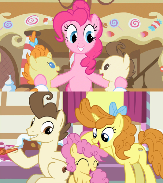 Size: 1280x1440 | Tagged: safe, derpibooru import, screencap, cheese sandwich, gummy, li'l cheese, pinkie pie, pound cake, pumpkin cake, earth pony, pegasus, pony, unicorn, baby cakes, the last problem, ambiguous gender, androgynous, awww, babysitting, cake twins, cheesepie, colt, dawwww, female, filly, foal, foalsitting, full circle, heartwarming, male, mare, older, older pound cake, older pumpkin cake, ponyville, shipping, siblings, stallion, straight, sugarcube corner, the magic of friendship grows, then and now, twins