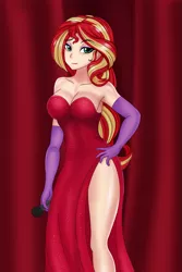 Size: 1129x1691 | Tagged: suggestive, artist:anonix123, derpibooru import, sunset shimmer, human, equestria girls, armpits, bare shoulders, breasts, busty sunset shimmer, clothes, cosplay, costume, crossover, dress, evening gloves, eyeshadow, female, gloves, humanized, jessica rabbit, jessica rabbit dress, legs, long gloves, looking at you, makeup, microphone, sexy, side slit, smiling, solo, solo female, stupid sexy sunset shimmer, thighs, who framed roger rabbit