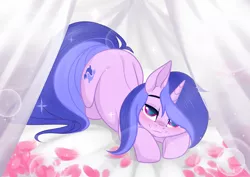 Size: 3465x2454 | Tagged: safe, artist:kim0508, artist:sparkling_light, derpibooru import, sea swirl, seafoam, pony, unicorn, background pony, bed, bedroom eyes, blushing, commission, curtains, female, flower petals, laying on bed, mare, on bed, solo, ych result